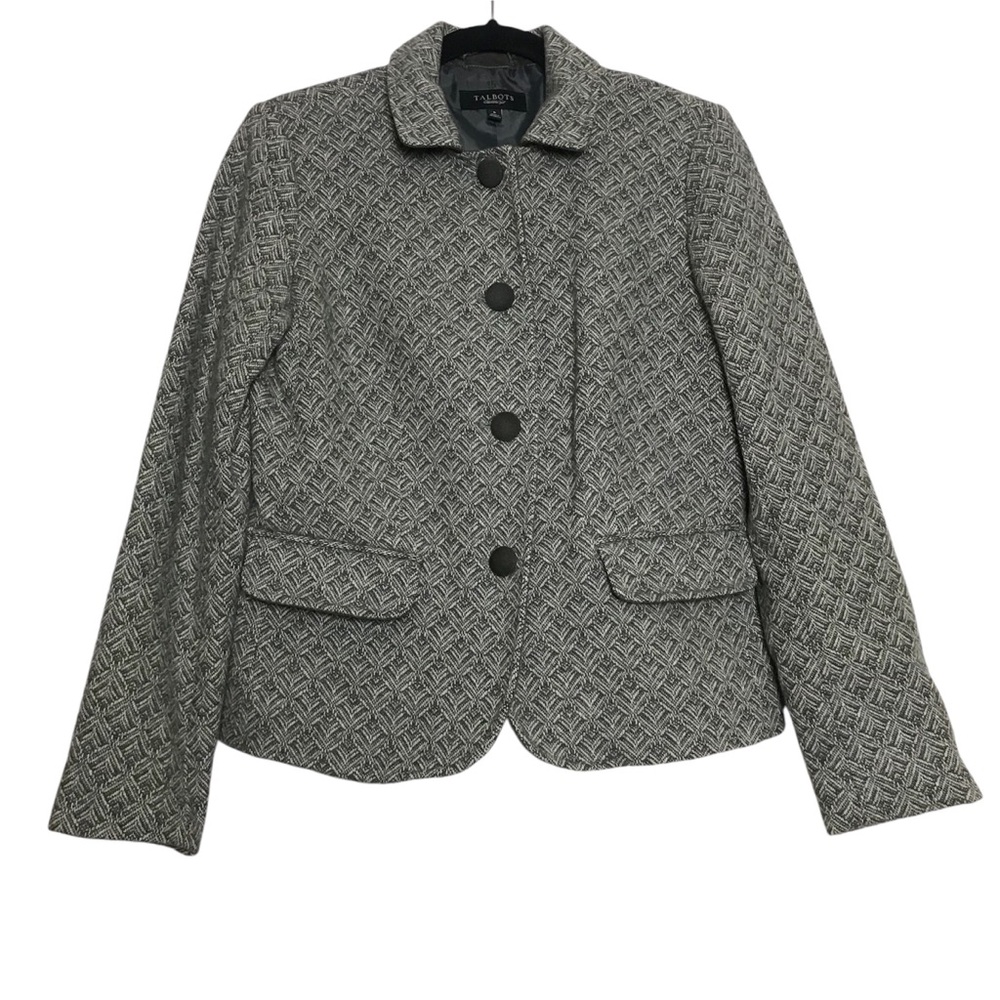 Talbots Womens Gray Wool Blend Tweed Single Breasted Blazer Size 6 Academia Goth